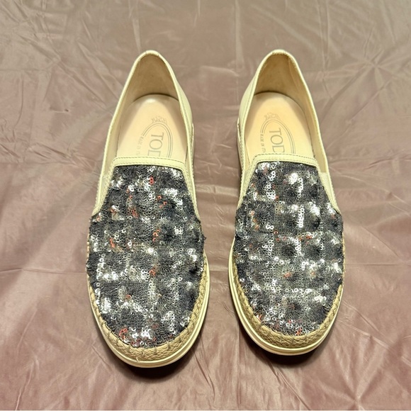 Tod's Cream Leather Silver Sequin Embellished Espadrille Loafers Size 37/7 - Picture 13 of 15